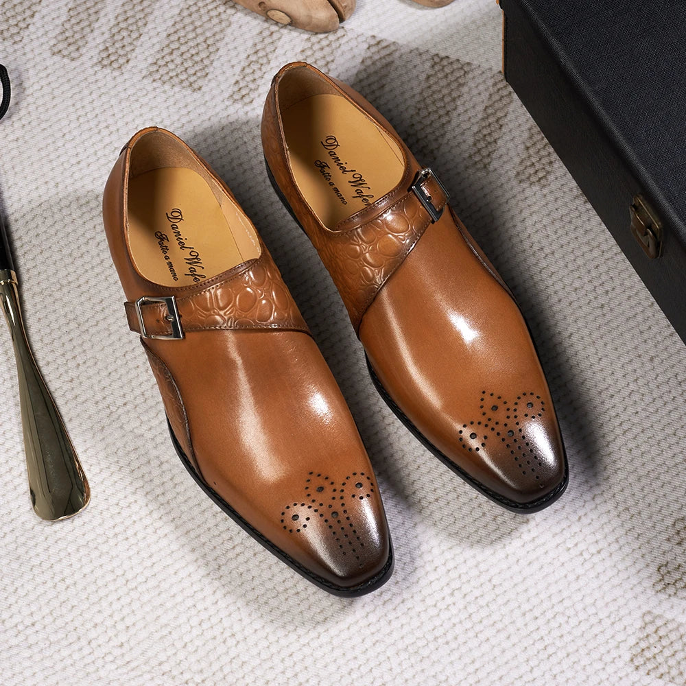 Luxury Men's Genuine Leather Monk Strap Shoes Cowhide Business Office Formal Dress Shoes with Buckle Italian Style for Weddings