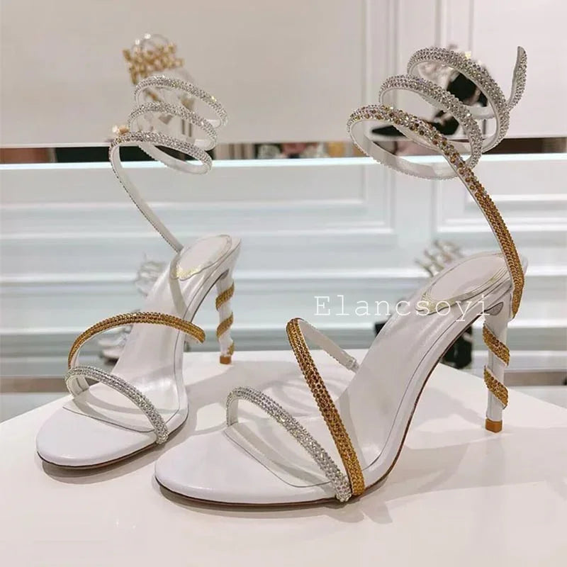 Thin Heels Gladiator Sandals Women's Shiny Rhinestone Ankle Snake Shaped Winding Party Shoes Summer Fashion High Heels Sandalias
