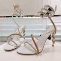 Thin Heels Gladiator Sandals Women's Shiny Rhinestone Ankle Snake Shaped Winding Party Shoes Summer Fashion High Heels Sandalias