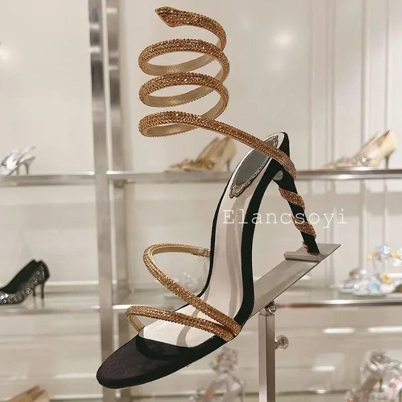 Thin Heels Gladiator Sandals Women's Shiny Rhinestone Ankle Snake Shaped Winding Party Shoes Summer Fashion High Heels Sandalias