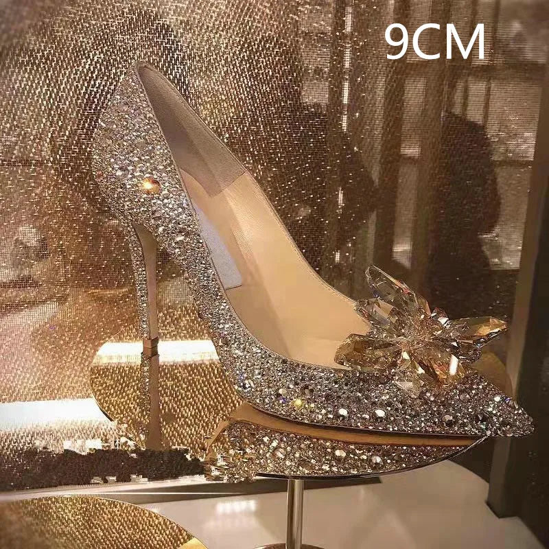 2026 Cinderella Crystal Wedding Shoes High Heels Autumn New Silver Full Diamond Bridal Shoes Rhinestone French Single Shoes