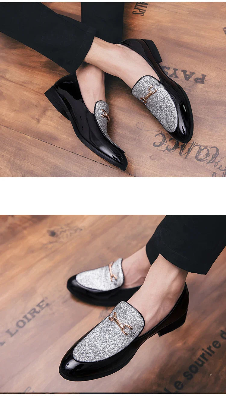 VIPOL Men's pointed suede formal shoes, retro new patchwork loafers mixed with slipper shoes, wedding dress leather shoes