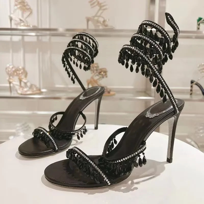 Sexy High Heels Gladiator Sandals Women Crystal String Bead Snake Twine Around Ankle Strap Wedding Shoes Summer Sandals Woman