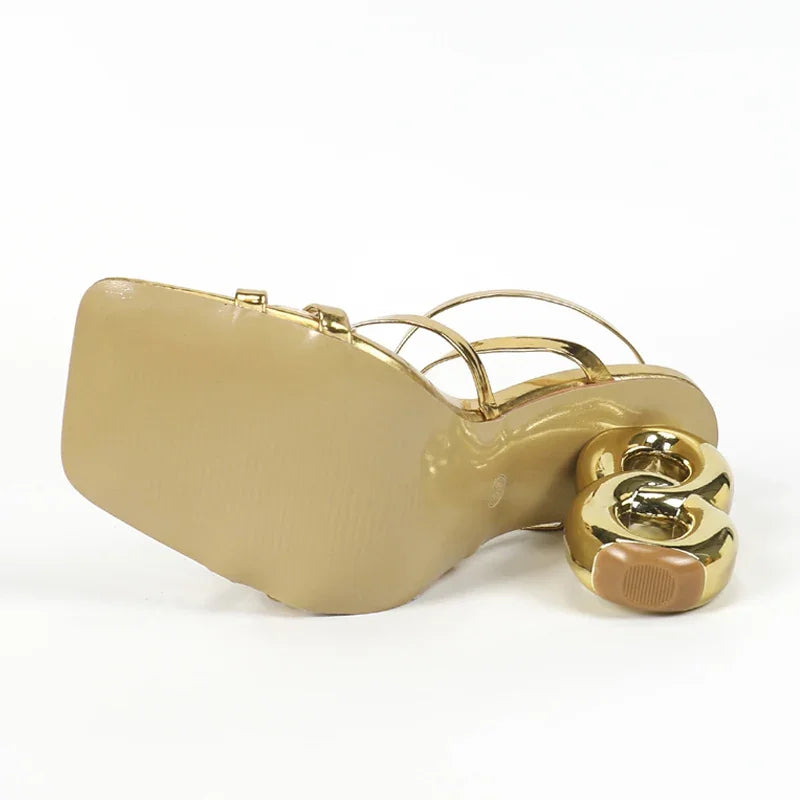 Luxury Women's Shoes Fashion Golden Narrow Band Square Toe Women's Sandals Designer High Heels Ankle Buckle Strap Ladies Shoes