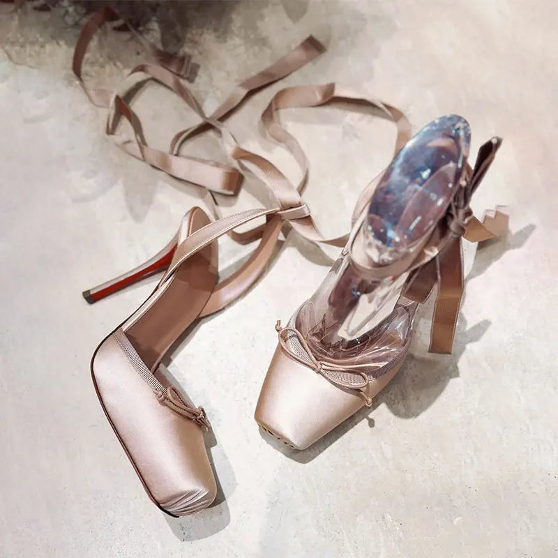 European and American Niche High-heeled Square Toe Ankle Strap Satin Bow Ballet Toe Cap Red Sole Plus Size Women's Sandals