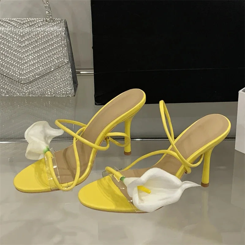 Eilyken Sexy PVC Transparent Flower Narrow Band Women Sandals Street Style Open Toe Thin High Heels Party Prom Shoes