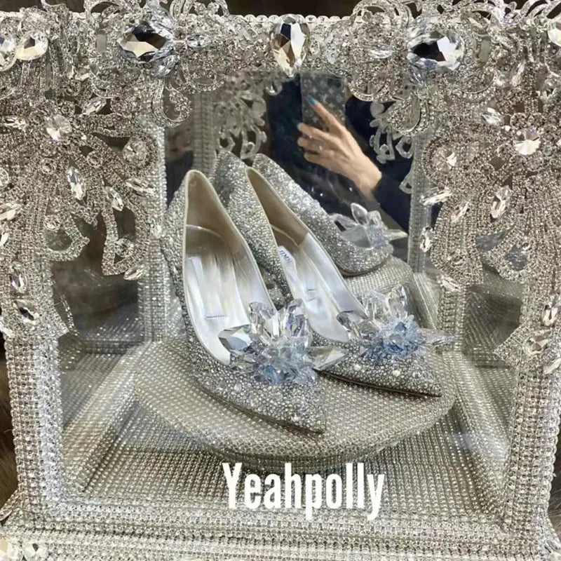 2026 Cinderella Crystal Wedding Shoes High Heels Autumn New Silver Full Diamond Bridal Shoes Rhinestone French Single Shoes