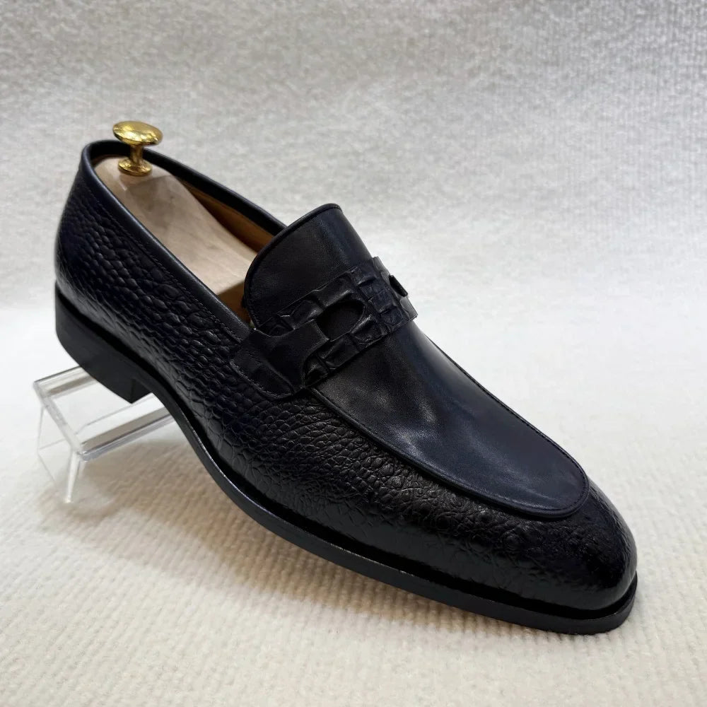 Luxury Men's Genuine Leather Dress Shoes Crocodile Print Wedding Loafers Double Buckle Business Office Formal Slip-On Shoes