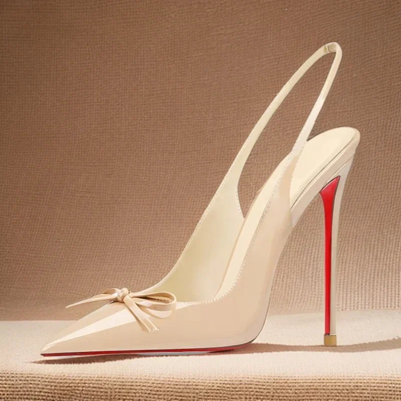 New black nude wine red patent leather pointed small bow back empty style plus size socialite high-heeled sandals