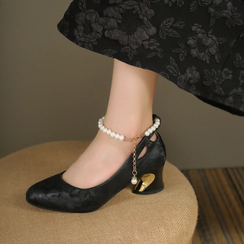 Retro Square Toe High Heels Women's Wedding Shoes New Chinese Style Single Shoes Block Heel Baotou Sandals