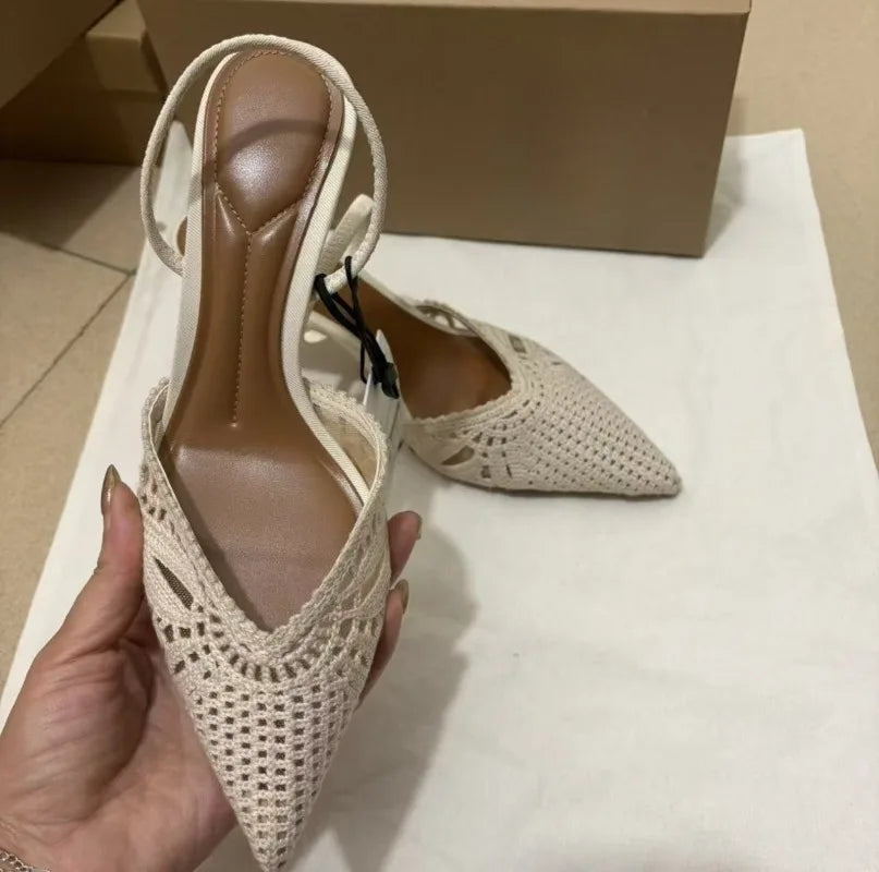 Elegant Crochet Slingback High Heels Women Pointed Toe Hollow Out Pump Sandals Woven Fabric Summer Party Wedding Dress Shoes