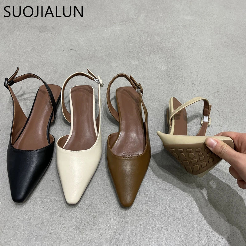 SUOJIALUN 2023 Spring New Shallow Slip On Women Slingback Shoes Soft Casual Ladies Sandal Shoes Flat Heel Outdoor Dress Mules