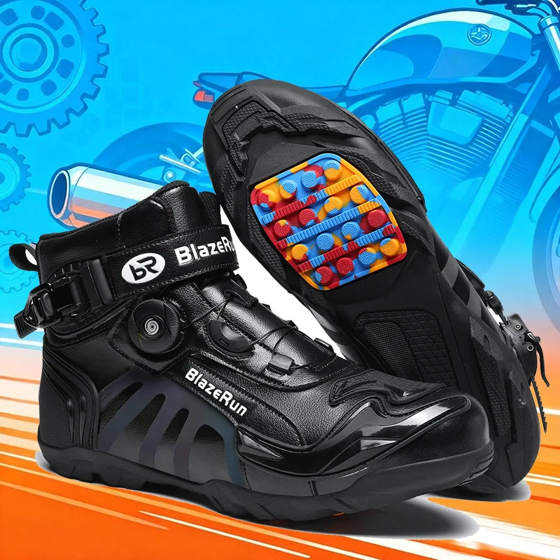 جزمة دراجة نارية جديدة للرجال من الجلد، أحذية دراجات نارية مسامية ومقاومة للانزلاق ومقاومة للاهتراء، أحذية سباق دراجات نارية بطول الكاحل