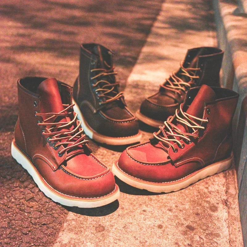 Genuine Leather Men's Boots Vintage Tooling Boots Man Short Boot Rhubarb Boots Men's High Top Men's Shoes Leather