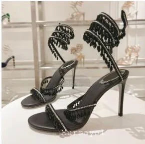 Tassels Rhinestone Decor Thin High Heels Sandalias Women Ankle Snake Shaped Strap Entanglement Sandals Summer Party Dress Shoes