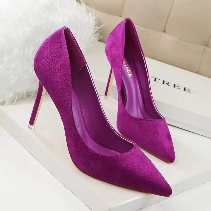 Women 9cm High Heels Yellow Burgundy Pumps Plus Size Stripper Suede Escarpins Lady Wedding Bridal Scarpins Green Blue Prom Shoes