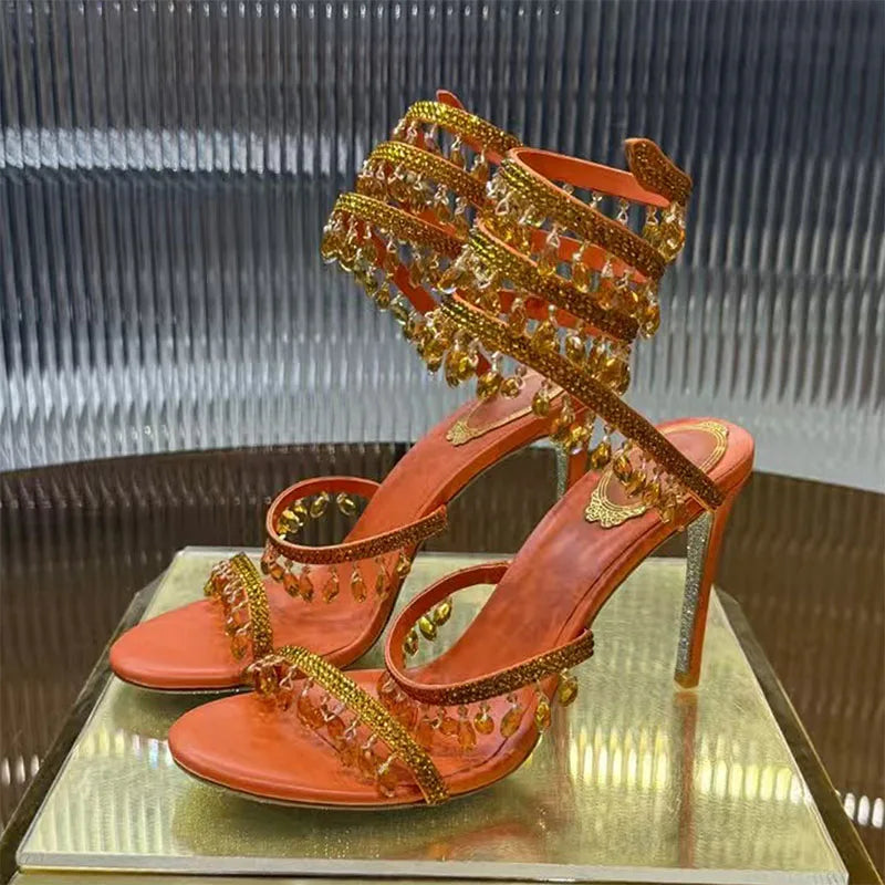 Luxury High Heels Sandals Women Crystal Pendant Snake Twine Around Ankle Strap Wedding Shoes Summer Bohemian Sandals Woman