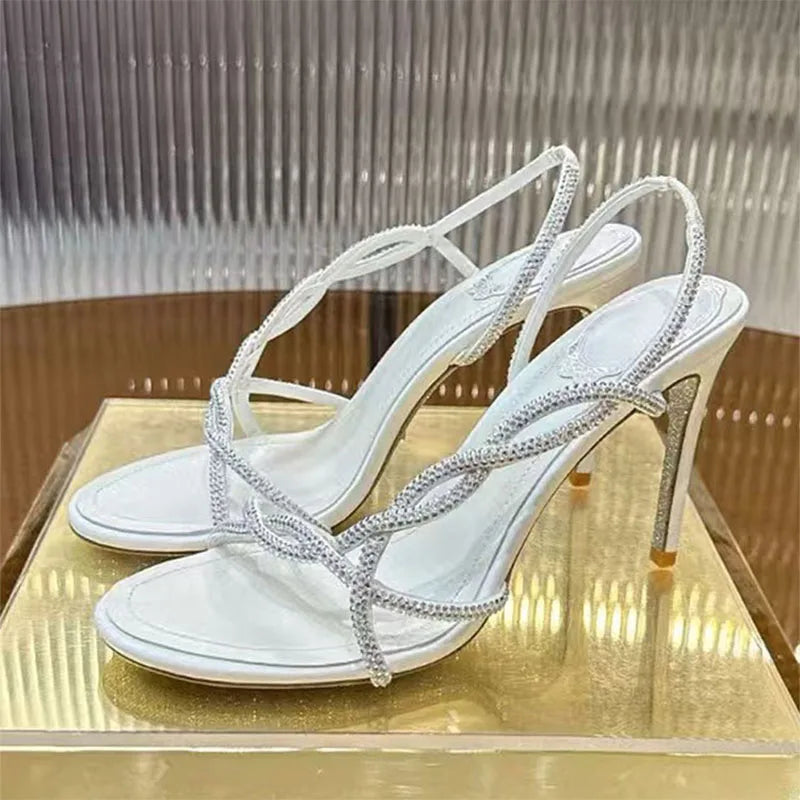 Summer High Heels Sandals For Woman Bling Rhinestone Cross-tied Banquet Dress Shoes Open Toe Stiletto Crystal Sandalias Women