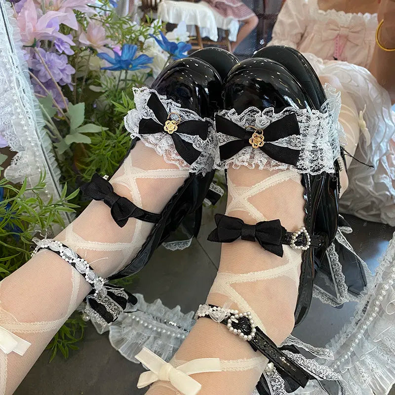 Sweet Girls Lolita Wedding Dress Kitten heels Shoes ,Young Women Students Cute Sakura Lace Bowknots Princess Mary Janes Sandals