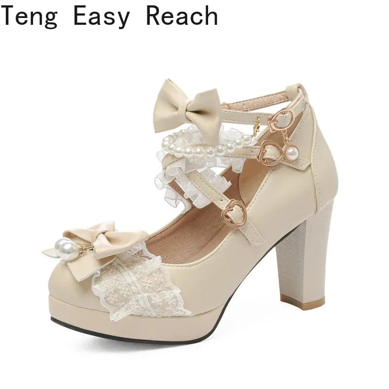 Cross Strap Women High Heels Mary Jane Pumps Party Wedding Cosplay White Pink Black Strawberry Bow Princess 2025 Lolita Shoes