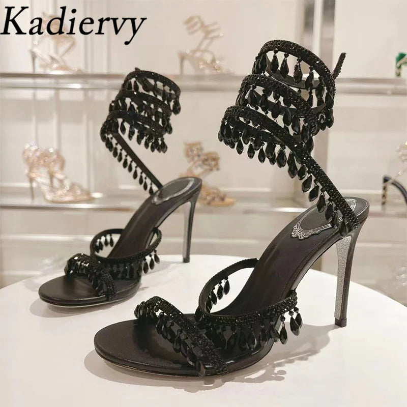 Sexy High Heels Gladiator Sandals Women Crystal String Bead Snake Twine Around Ankle Strap Wedding Shoes Summer Sandals Woman