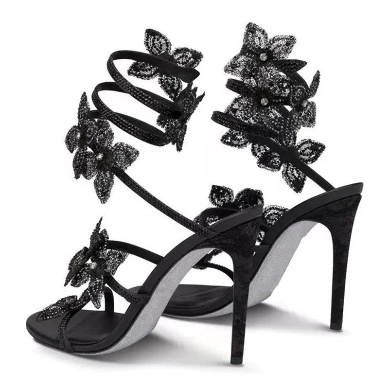 Luxury Designer Pink Flower Rhinestone High Heels Sandals Shoe Sexy Wrap Strap Open Toe Stripper Prom Party Ladies Shoes