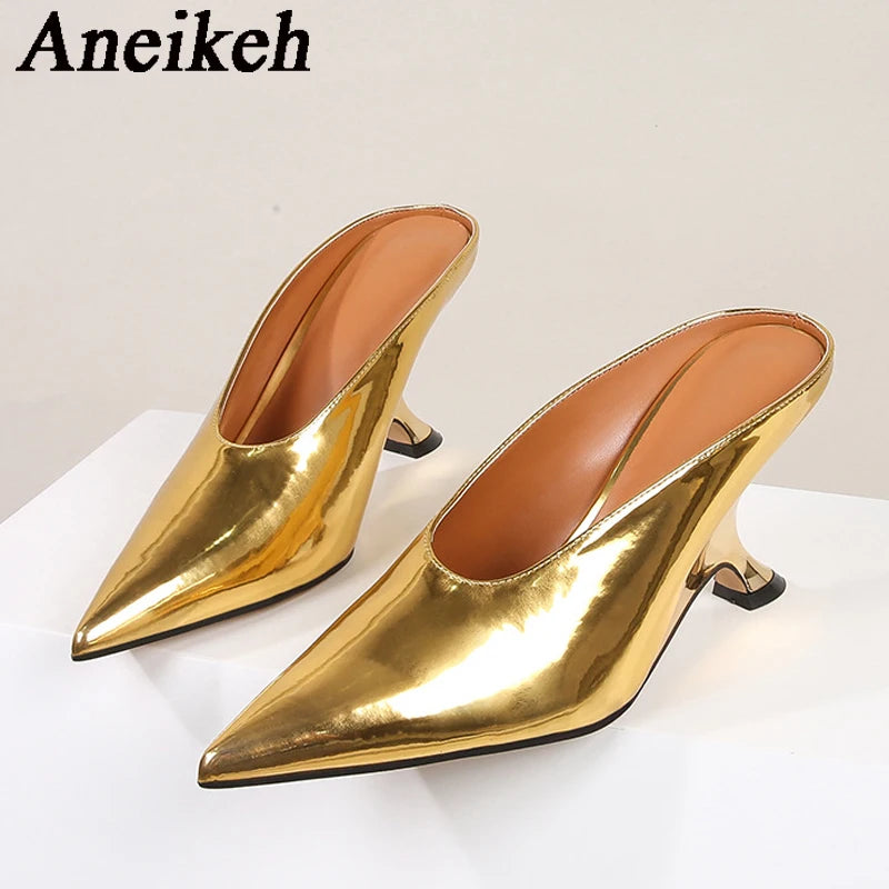 Aneikeh Fashion Silvery Sequined Women Slingbacks Pumps Pointed Toe High Heels Wedding Prom Ladies Shoes
