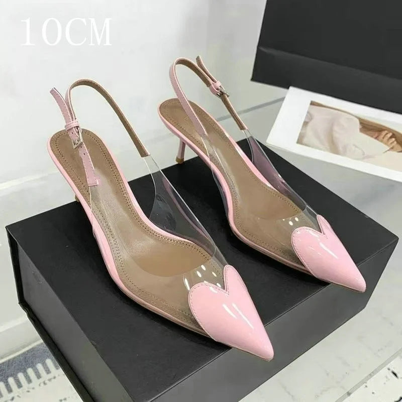 2026 New Pointy Peach Heart Fine Heel Shoes Sexy Pvc Transparent Film Black Patent Leather High Heel Overhead Sandals