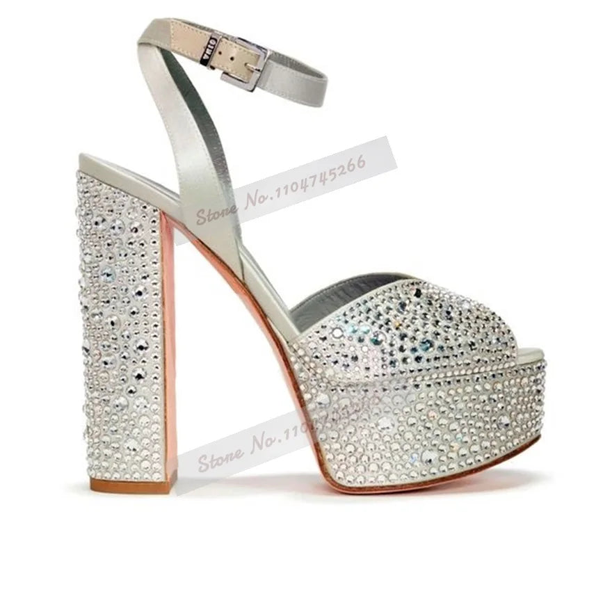 Champagne Crystal Chunky Heel Sandals Bling Rhinestone Platform Wedding Shoes Velvet Open Toe Buckle Strap Block Heels
