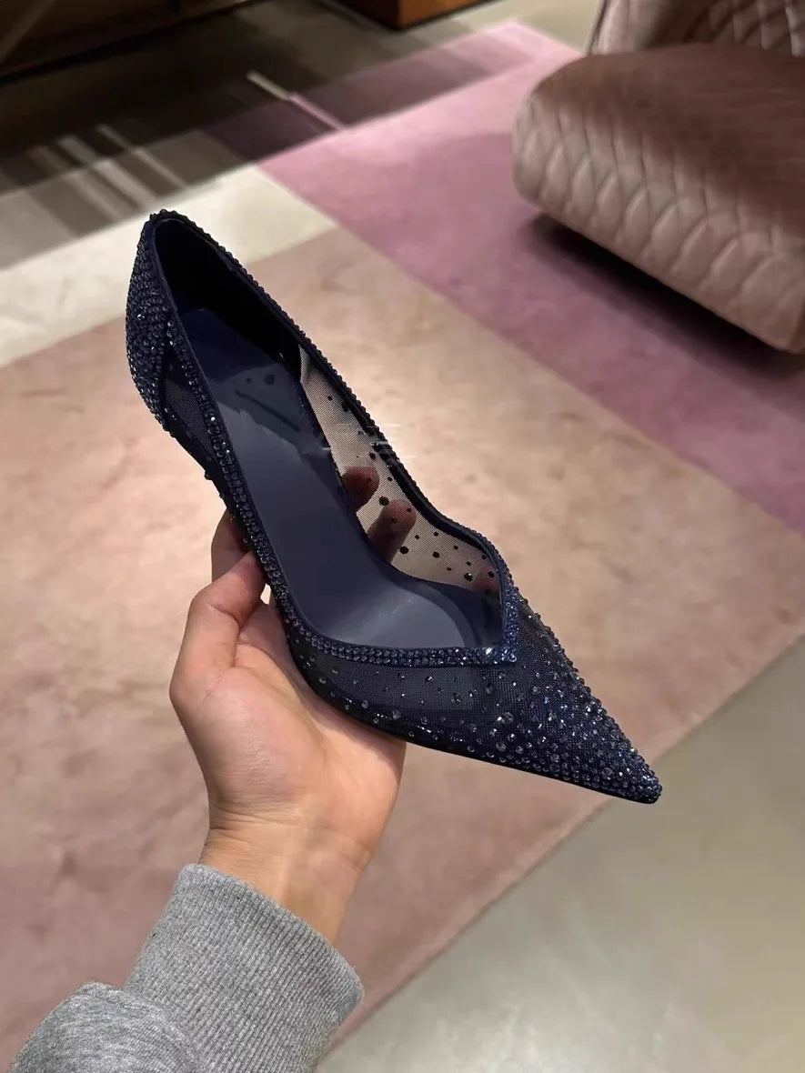 Blue Mesh Diamond Studded Pointed High-Heeled Shoes with Fine Heels Crystal Shoes, New Slim Heels Hollowed Out Lace Single Shoes