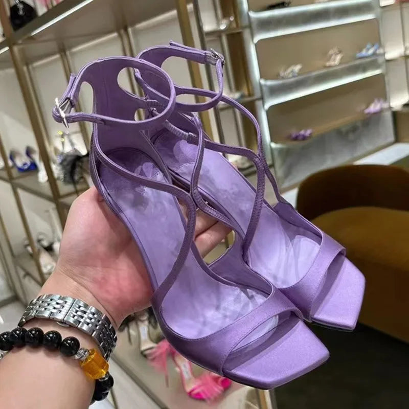2026 Summer New Brand Patent Leather Women Gladiator Sandals Fashion Square Toe Stiletto High Heels Party Dress Shoes Sandalias