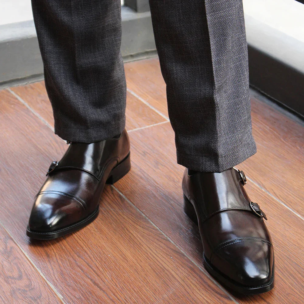 Luxury Genuine Leather Double Buckle Monk Strap Formal Shoes for Men Classic Cap Toe Business Office Wedding Dress Shoes