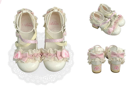 Sweet Girls Lolita High Heels Shoes ,Young Women Students Cute Lace Strawberry Bowknots Ankle Strap Mary Janes