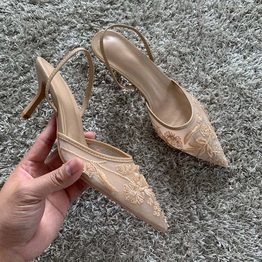 Mesh Embroidered Fashion Sandals Women String Bead High Heels Mules Shoes Pointed Toe Slingback Slippers Women Zapatos De Mujer