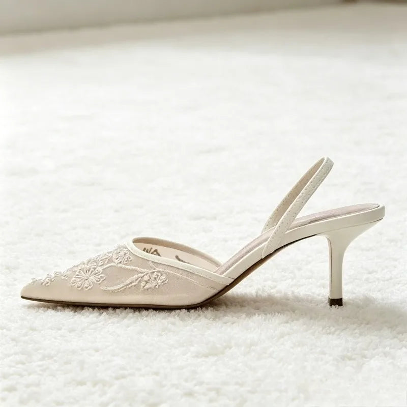 Elegant Mesh Embroidered Flowers Designer Heeled Sandals Women 2025 Summer Sexy Slingback Pointed Toe Thin High Heels Dress Shoe