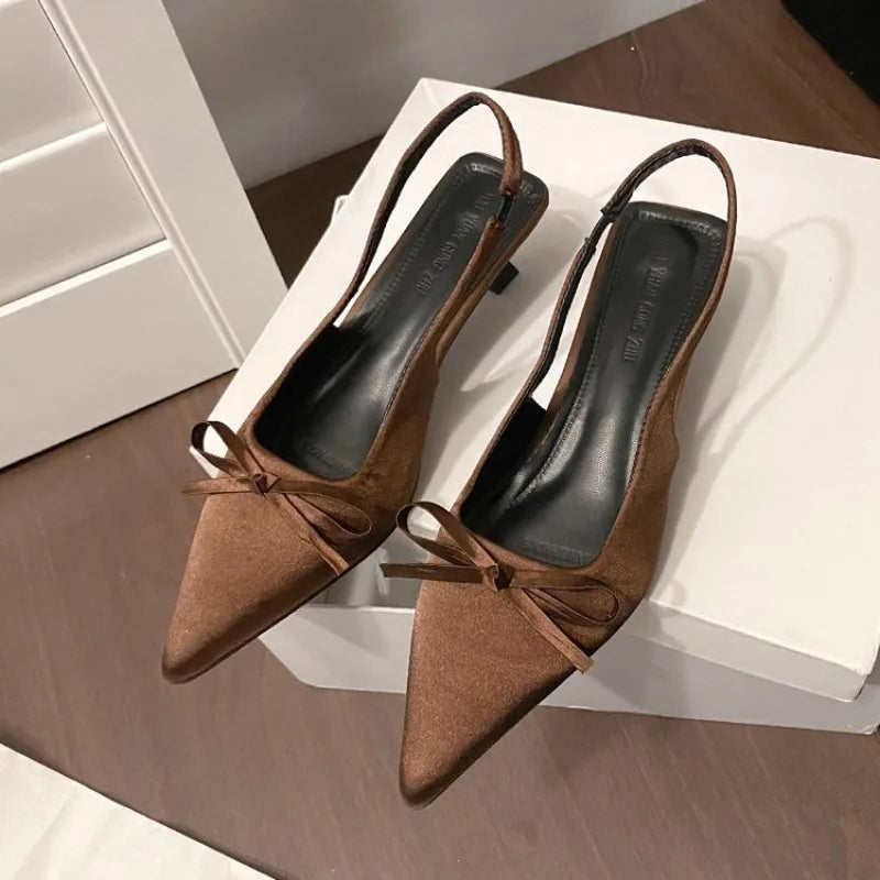 Satin Pointed Toe High Heeled Sandals Women Summer New Sexy Thin Heels Slingback Shoes Bow Elegant Party Dress Shoes Women Pumps