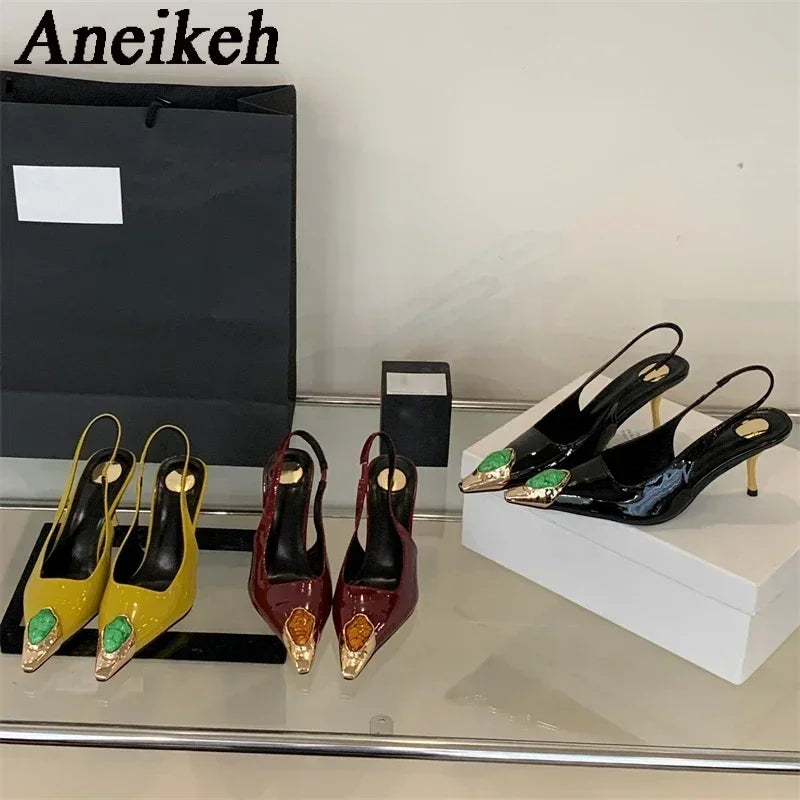 Aneikeh Street Style Design Metal Square Head Diamonds Woman Pumps Sandals Elegant Sexy Low-heel Banquet Prom Slingbacks Shoes