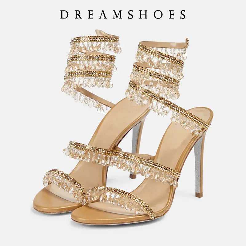 Women's New Shimmering Crystals Summer Shoes Tassel Crystal Shoes Sexy Banquet Party Twin Stiletto Women's Large Sandals