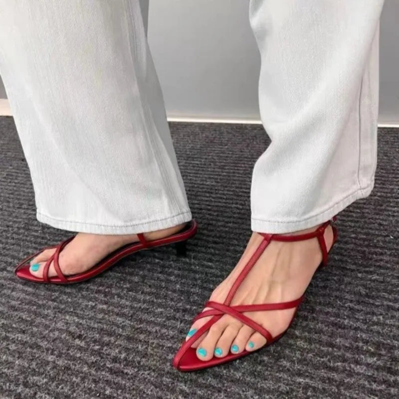 Low Heel Shoes Summer New Pointed Fine Belt Interlace Metal Buckle Line with Soft Sole Non-slip Fine Heel Sandals