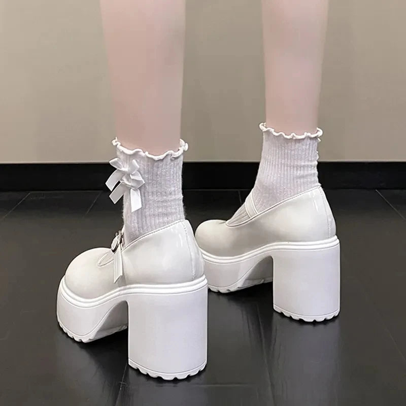 Black Super High Heels Mary Jane Shoes Women 2026 Goth Chunky Platform Pumps Woman Plus Size Ankle Buckle Party Lolita Shoes 42