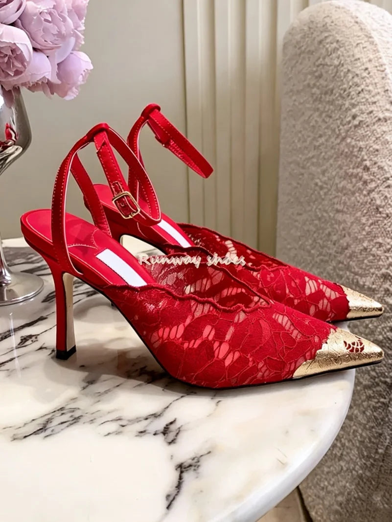 Pointed Color Blocking Lace is Breathable Women's Wedding Shoes Mesh One-strip Stilettos Luxury Women's Shoes Shallow Banquet Sh