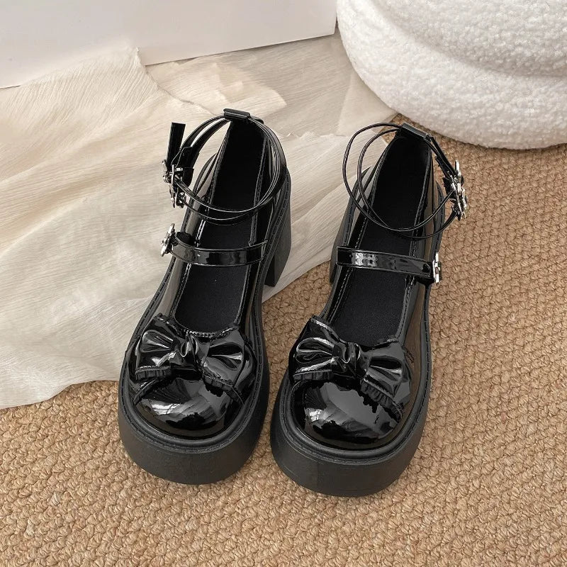 Spring Platform Thick Bottom Women Lolita Mary Jane Shoes Butterfly-knot Buckle Strap Shoes Ladies Elegant Heel Dress Pumps