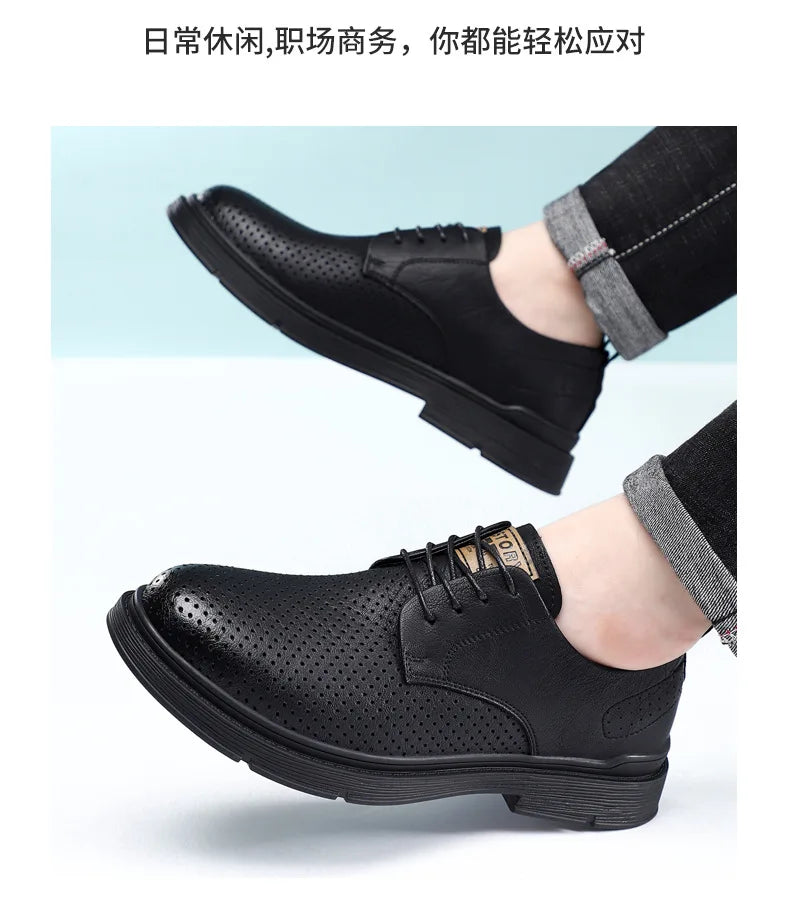 Summer Autumn New Low Top Cow Leather Shoes for Men Hallow Lace Designer Platform Shoes Male Fashion Business Casual Shoe Man