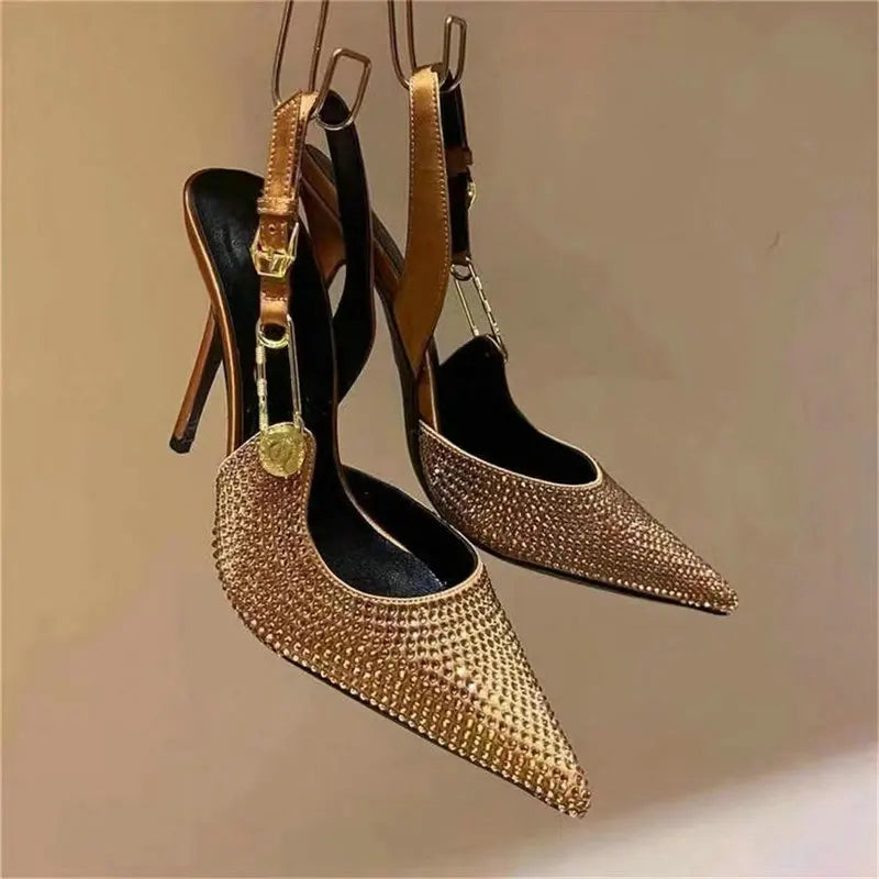 Bling Diamond High Heels Women 2026 Spring Pumps New Pointy Head After Empty Sexy Metal Girl Temperament Baotou French Sandals