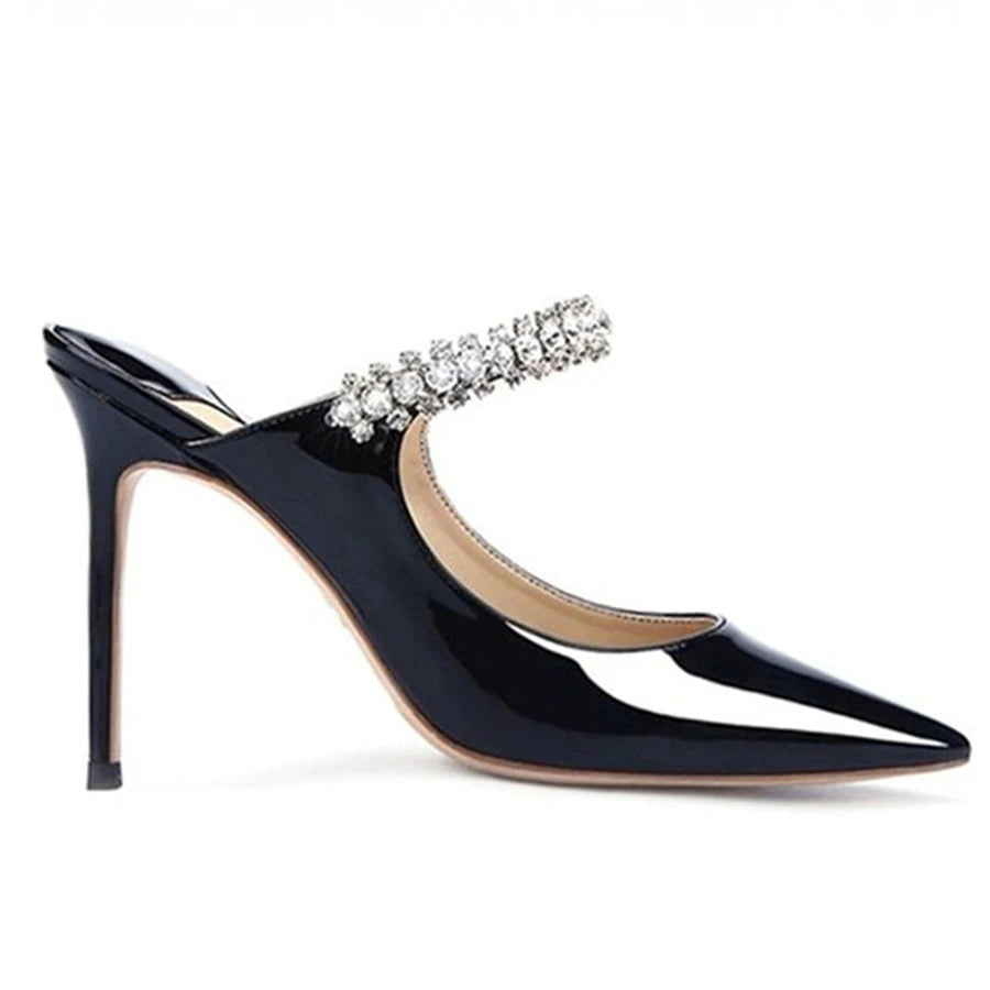 Elegant Leather Mules Pointed Toe Stylish Rhinestone Embellished High Heel Sandals Sophisticated Party Evening Shoes Footwear