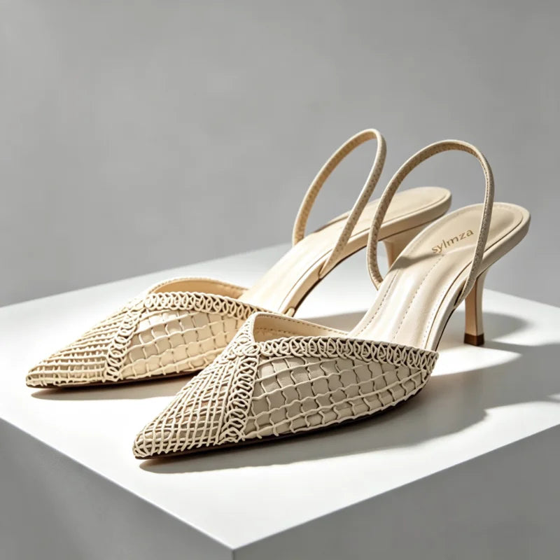 Mesh Woven Design Thin High Heels Women Sexy Pointed Toe Breathable Back Strap Heeled Sandals Elegant Beige Party Dress Shoes