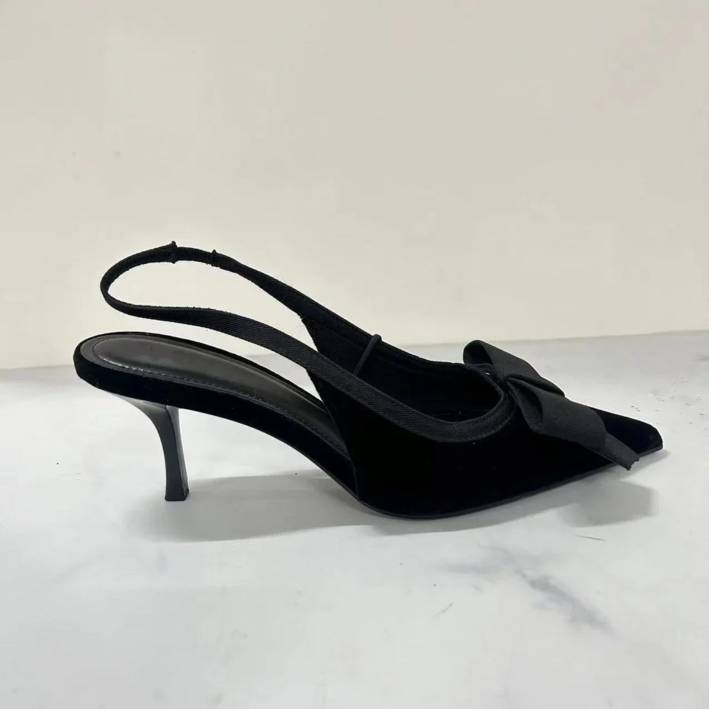 Black Velvet Butterfly-knot Designer Heeled Sandals Women Sexy Pointed Toe Slingbacks Women Pumps Elegant Party Dress High Heels