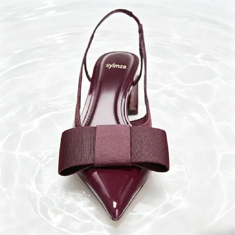 Sexy Burgundy Patent Leather Pointed Toe Pumps Women Fashion Bow Slingback Brand Designer Shoes Elegant Cozy Banquet Dress Shoes