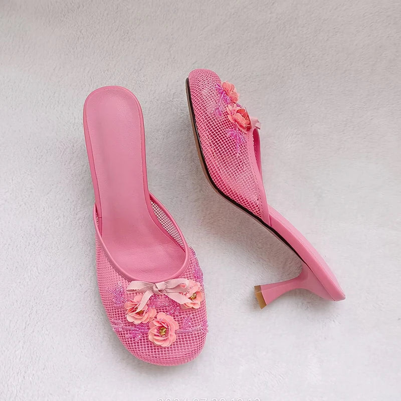 Summer mesh flower beads women slide sexy thin heel sandal