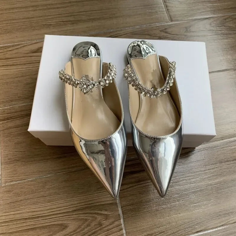 2026 New Fashionable Fine Heeled Muller Shoes with Pointed Water Diamond Chain Banquet Shallow Mouth Women's High Heel Sandals